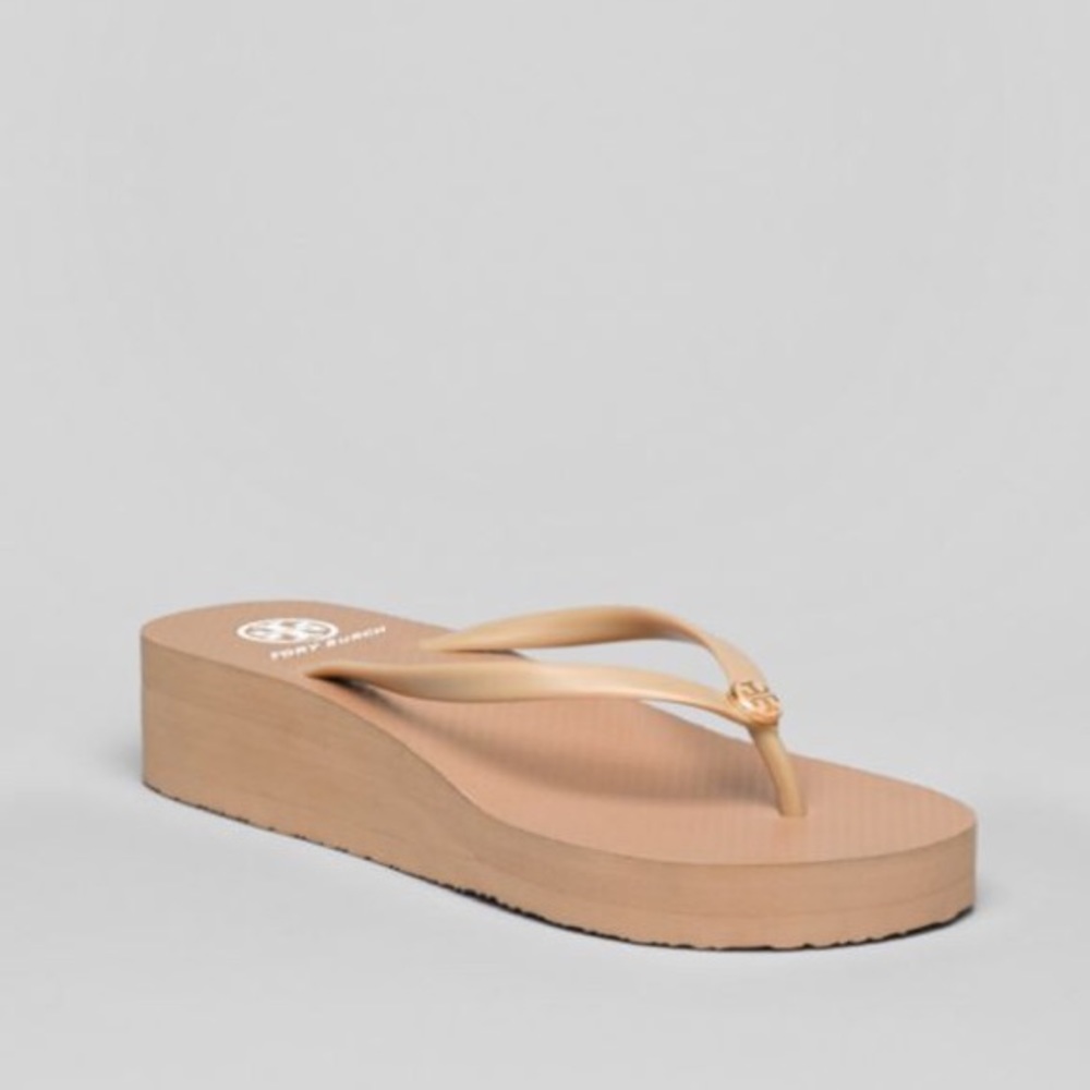 Authentic Tory Burch Thin Wedge Logo Flip Flops